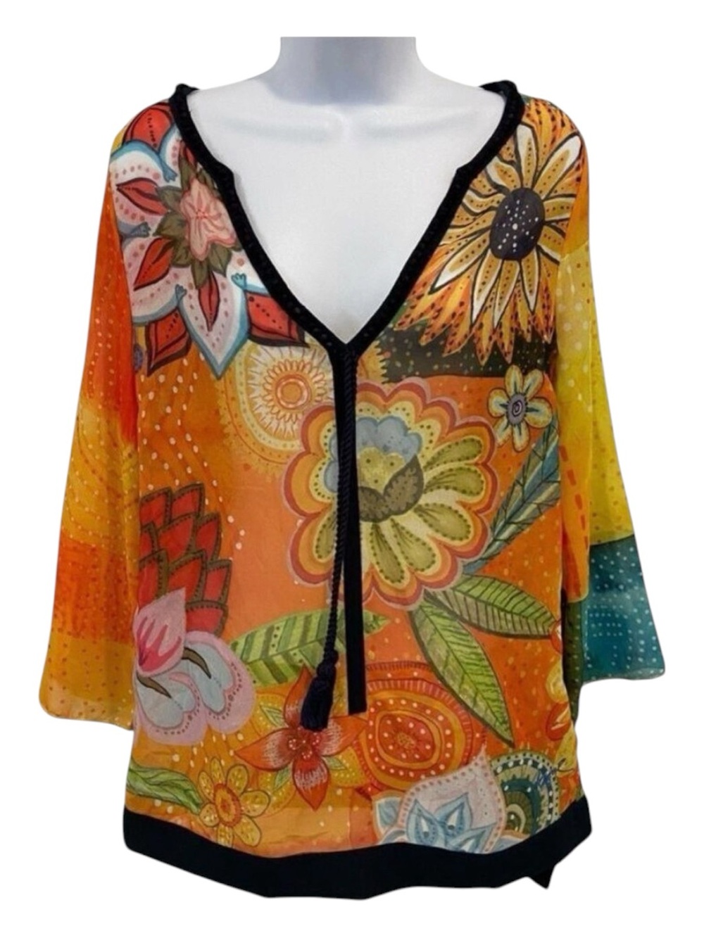 Desigual sheer festive top 3/4 sleeves floral Pom Pom V neckline orange yellow